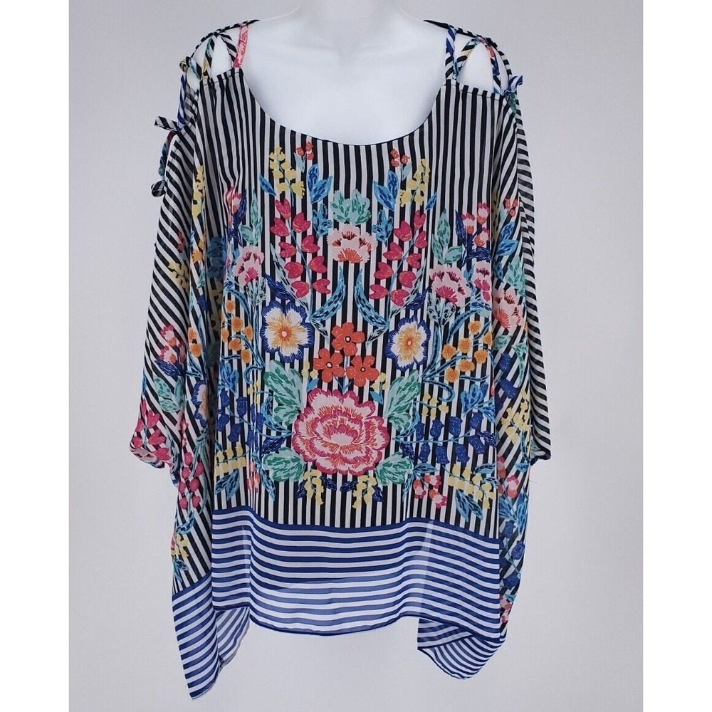 Melissa Paige Woman Floral Stripe Cold Shoulder Poncho Blouse Black White 1X